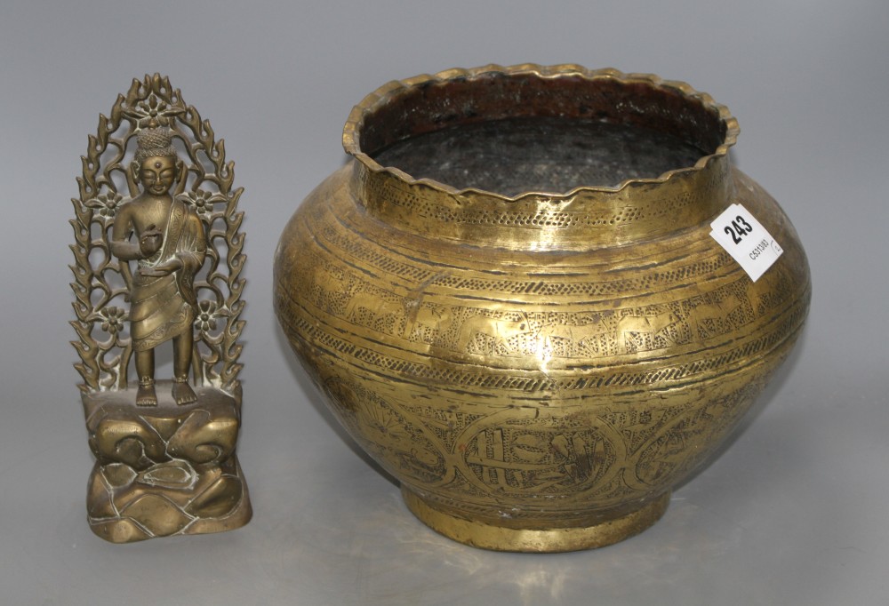 A Benares brass jardiniere and an Indian bronze Buddha